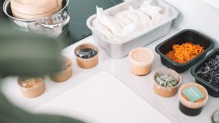 a counter with food on it