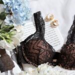 womens black lace bra on white paper